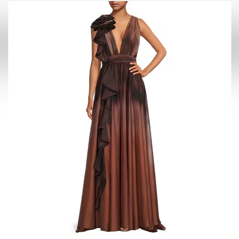 Marchesa Brown Tiered Ruffled Gown